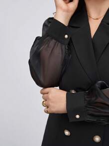 BizChic Damenanzug Jacke Und Kleid Mit Doppelreihigem Gürtel In Plus-größe, Schwarz Mit Mesh-einsatz Und Ballonärmel - Schwarz - Übersicht 4