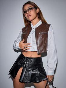 SHEIN Unity 拉鏈開襟短款PU皮革夾克背心 - 棕色 - 查看 5