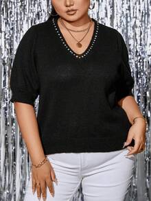 Celure 休閒珠子 水鑽純色大碼針織上衣 - 黑色 - 查看 7