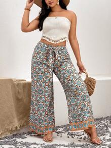 SHEIN VCAY Hơn In Toàn bộ Thắt lưng Quần ống rộng - Nhiều màu - Xem 1