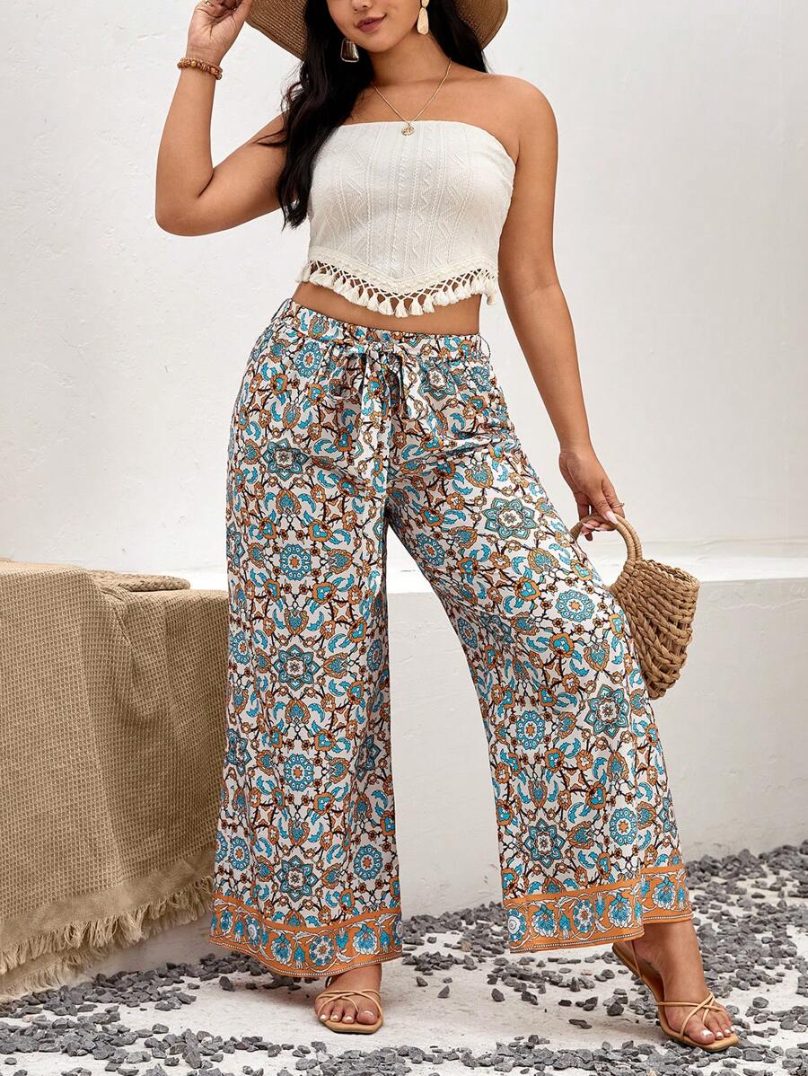 SHEIN VCAY Hơn In Toàn bộ Thắt lưng Quần ống rộng - Nhiều màu - Xem 1