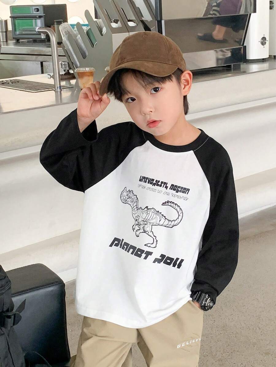 Chàng trai trẻ Slogan & In Khủng long Tay Raglan Áo thun - màu đen - Xem 1