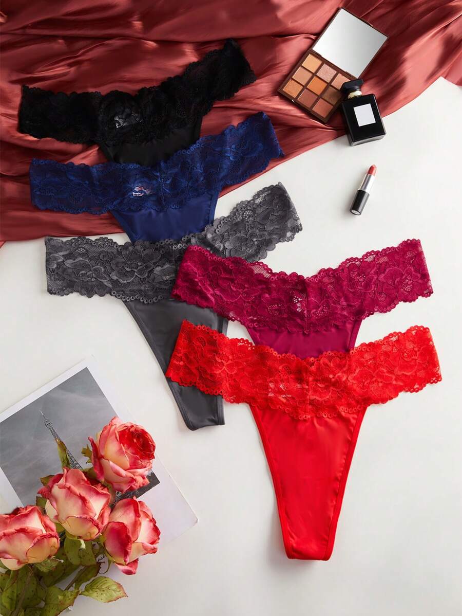 Plus 5pack Contrast Lace Panty Set Lingerie - Multicolor - View 1