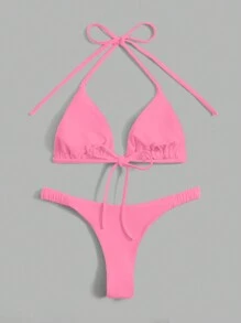 SHEIN Swim Summer Beach Solid Bikini Set Halter Triangle Bra & Thong 2 Piece Bathing Suit - Pink - View 2