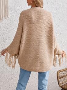 SHEIN VCAY Batwing Sleeve Fringe Hem Cardigan - Apricot - View 1