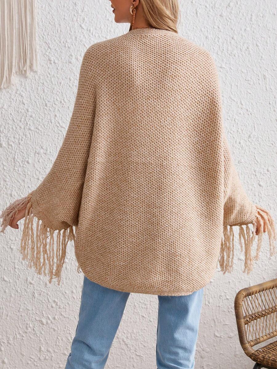 SHEIN VCAY Batwing Sleeve Fringe Hem Cardigan - Apricot - View 1