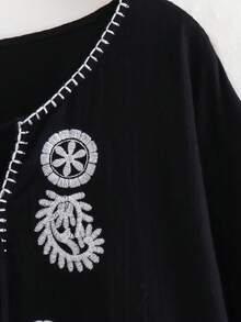 Floral Embroidery Tie Neck Blouse,Long Sleeve Tops - Black - View 5