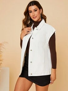 SHEIN Essnce Nút phía trước Áo khoác Denim Vest - trắng - Xem 4
