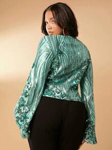 SHEIN SXY Plus Floral Sequin V-Neck Lace-Up Top New Years Women Christmas - Green - View 2