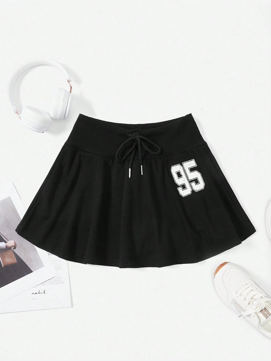 SHEIN EZwear In số Eo dây rút Váy kèn đồng - màu đen - Xem 1