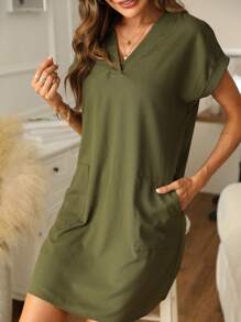 SHEIN LUNE Dual Pocket Batwing Sleeve Tunic Dress - Army Green - View 5