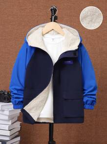 SHEIN 男大童字母貼布翻蓋口袋插肩袖連帽加絨內裏外套 - 寶藍色 - 查看 6