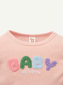 Cozy Pixies Baby Girl Letter Embroidery Lettuce Trim Ribbed Knit Tee - Pink - View 3
