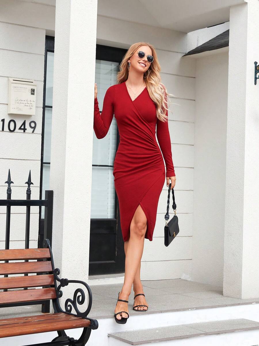 素色褶邊圍裹下擺緊身洋裝 - 紅色 - 查看 1