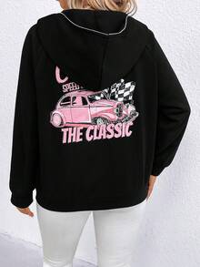 SHEIN Unity 加大码汽车字母图案插肩袖拉链卫衣 - 黑色 - 查看 2