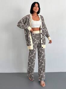 EURMUSE Allover Pattern Drop Shoulder Cardigan & Knit Pants - Beige - View 2