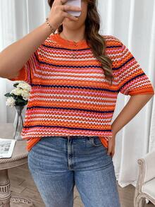 SHEIN Franclia 休閒條紋大碼針織上衣 - 橘色 - 查看 3