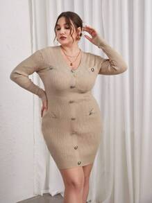 SHEIN Privé Plus Button Detail Bodycon Sweater Dress - Apricot - View 3