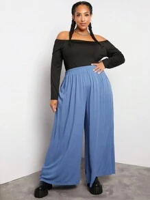 SHEIN CURVE+ 大碼素色闊腿褲 - 霧霾藍 - 查看 1