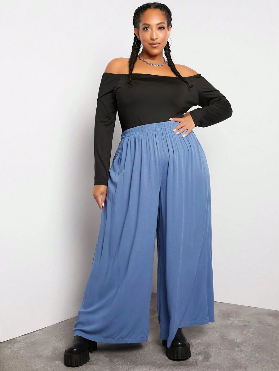 SHEIN CURVE+ 大碼素色闊腿褲 - 霧霾藍 - 查看 1