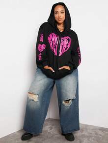 SHEIN CURVE+ 加大码字母图案拉链落肩抽绳卫衣 - 黑色 - 查看 6