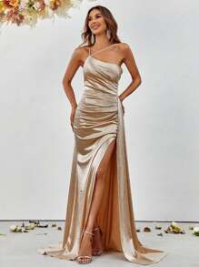 Asymmetric Neckline Ruched High Slit Satin Formal Dress, Elegant Bridesmaid Dress - Champagne - View 3