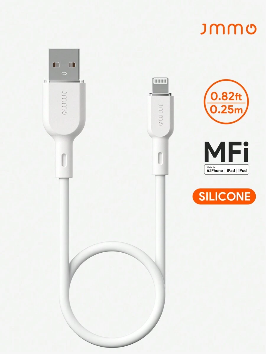 JMMO 1條矽膠 USB-A 轉 Lightning 傳輸線，USB 轉 Lightning 數據線 0.82FT/0.25M [MFi 認證] - 白色 - 查看 1