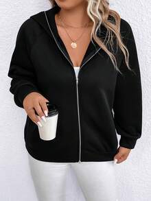 SHEIN Unity 加大码汽车字母图案插肩袖拉链卫衣 - 黑色 - 查看 3