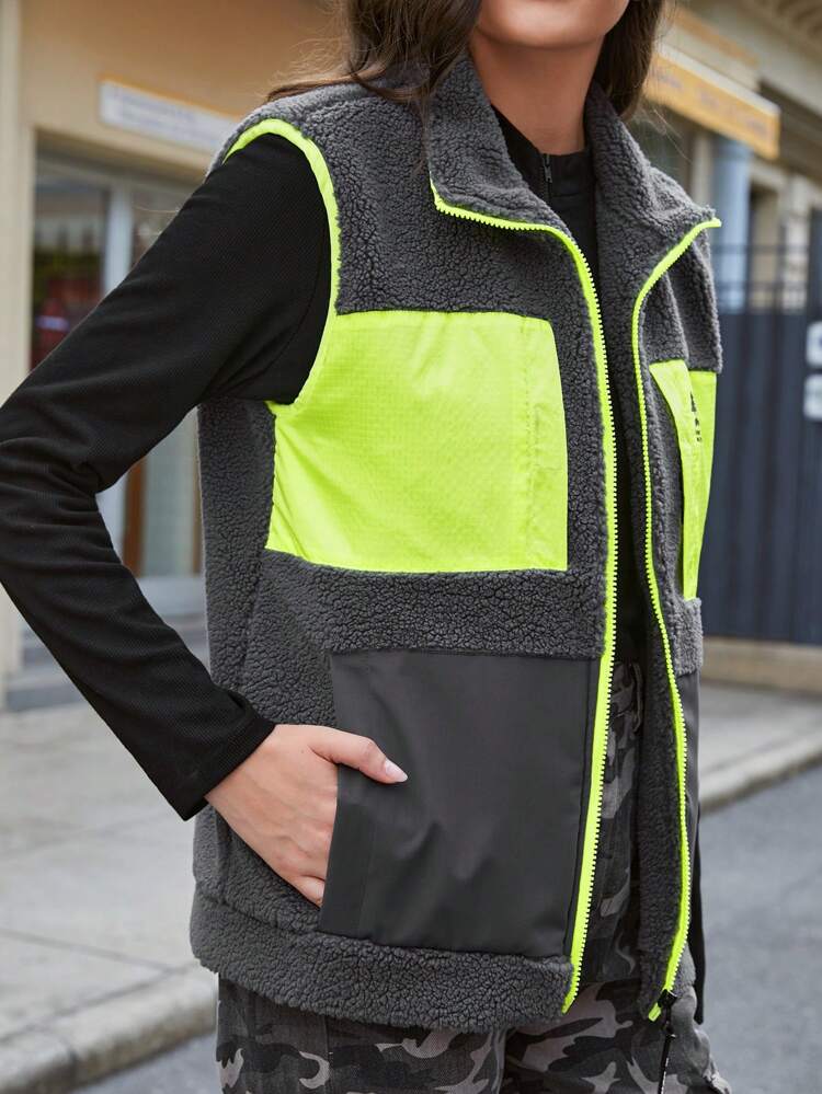 Color Block Zip Up Turtleneck Vest Coat