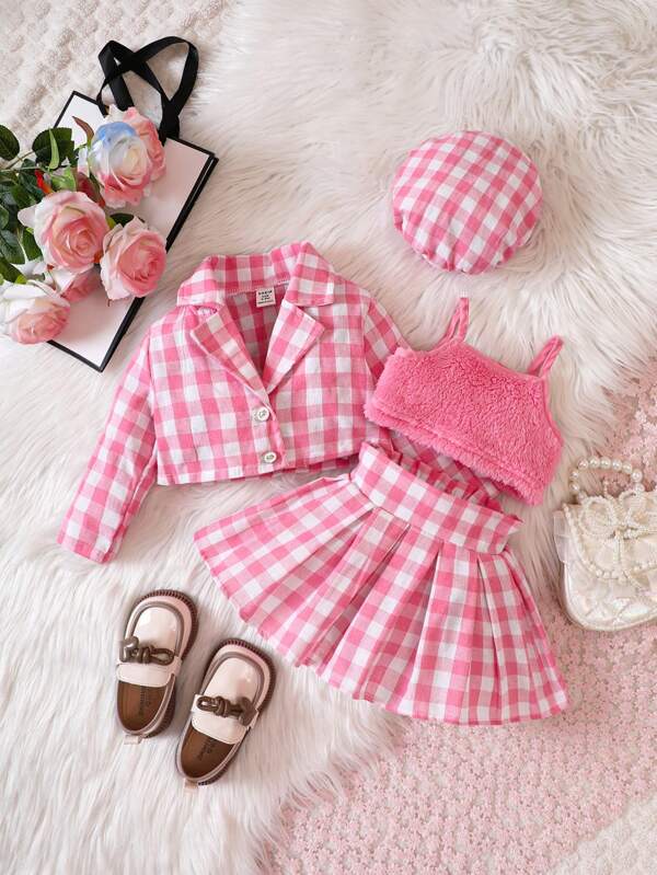 Baby Girl Gingham Print Jacket & Cami Top & Pleated Skirt & Hat, For Christmas