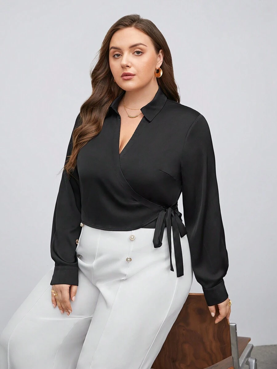 BizChic Plus Solid Knot Side Wrap Blouse - Black - View 1