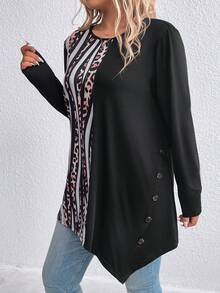 SHEIN Unity Hơn In hoa Báo Viền không đối xứng Áo thun - màu đen - Xem 5