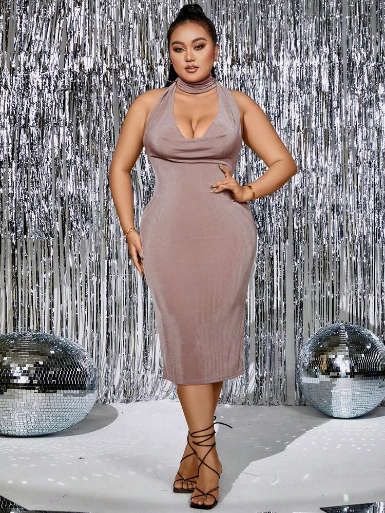 Plus Draped Front Tie Backless Halter Neck Bodycon Dress
