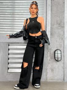 SHEIN Coolane 字母補丁細節弧形下擺背心上衣 - 黑色 - 查看 7