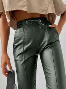 EURMUSE Solid High Waist Tie Front Slant Pocket Pants - Dark Green - View 5