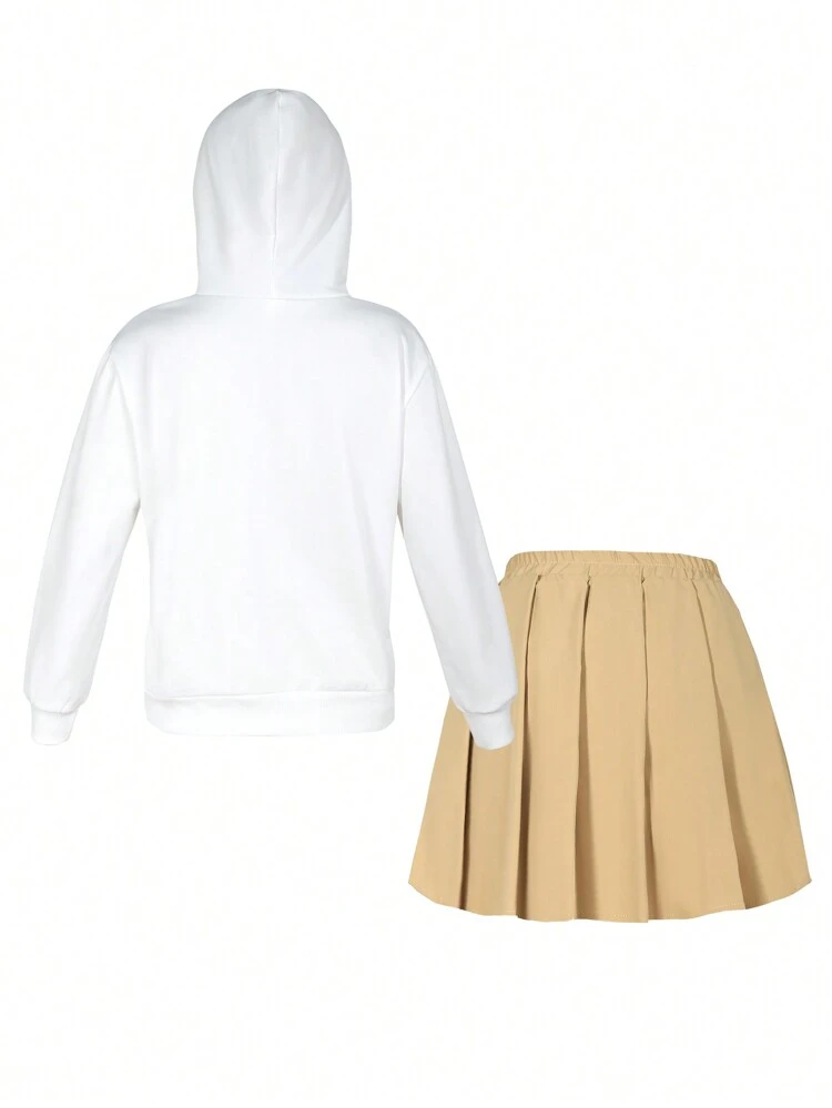 Teen Girl Letter Graphic Hoodie & Pleated Skirt