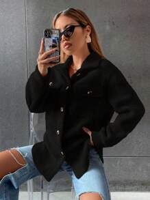 SHEIN Unity Flap Pocket Drop Shoulder Teddy Coat Fall Winter Cloth For Women - Black - View 4