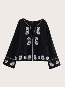 Floral Embroidery Tie Neck Blouse,Long Sleeve Tops - Black - View 1