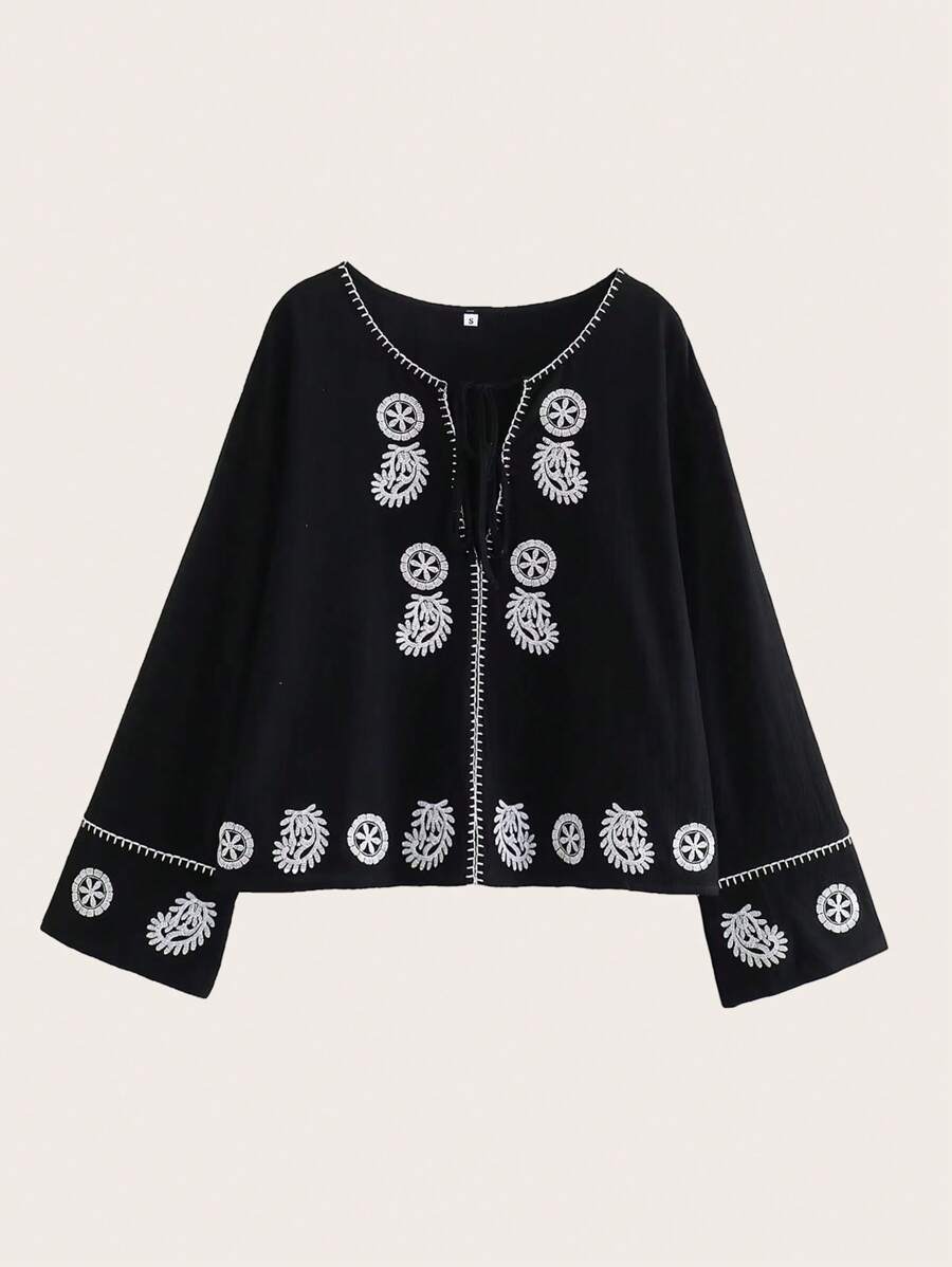 Floral Embroidery Tie Neck Blouse,Long Sleeve Tops - Black - View 1
