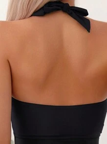 Swim Basics Summer Beach Knot Front Halter One Piece Swimsuit - Black - View 3
