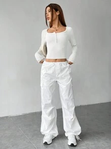 SHEIN EZwear 休闲百搭半纽扣短款白色 T 恤