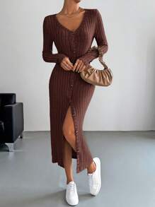 SHEIN EZwear Button Through Ribbed Knit Bodycon Dress - Coffee Brown - View 6