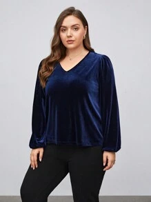 BizChic Plus V Neck Lantern Sleeve Velvet Tee - Navy Blue - View 6