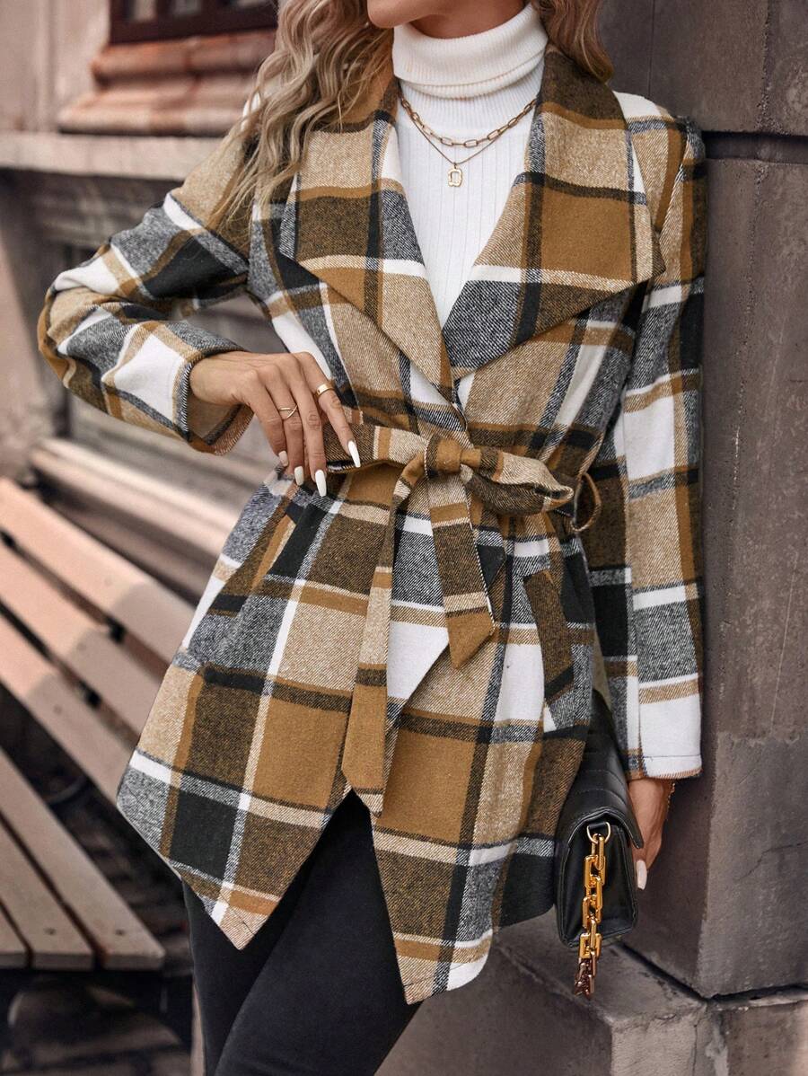 SHEIN Clasi 格紋印花大翻領腰帶花呢外套 - 彩色 - 查看 1