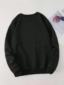 SHEIN EZwear 大碼字母圖案加絨內裏運動衫 - 黑色 - 查看 2