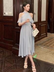 DAZY 纯色荷叶边露肩连衣裙 舞会礼服 吊带裙 婚礼礼服 优雅女士连衣裙 - 藍色 - 查看 5