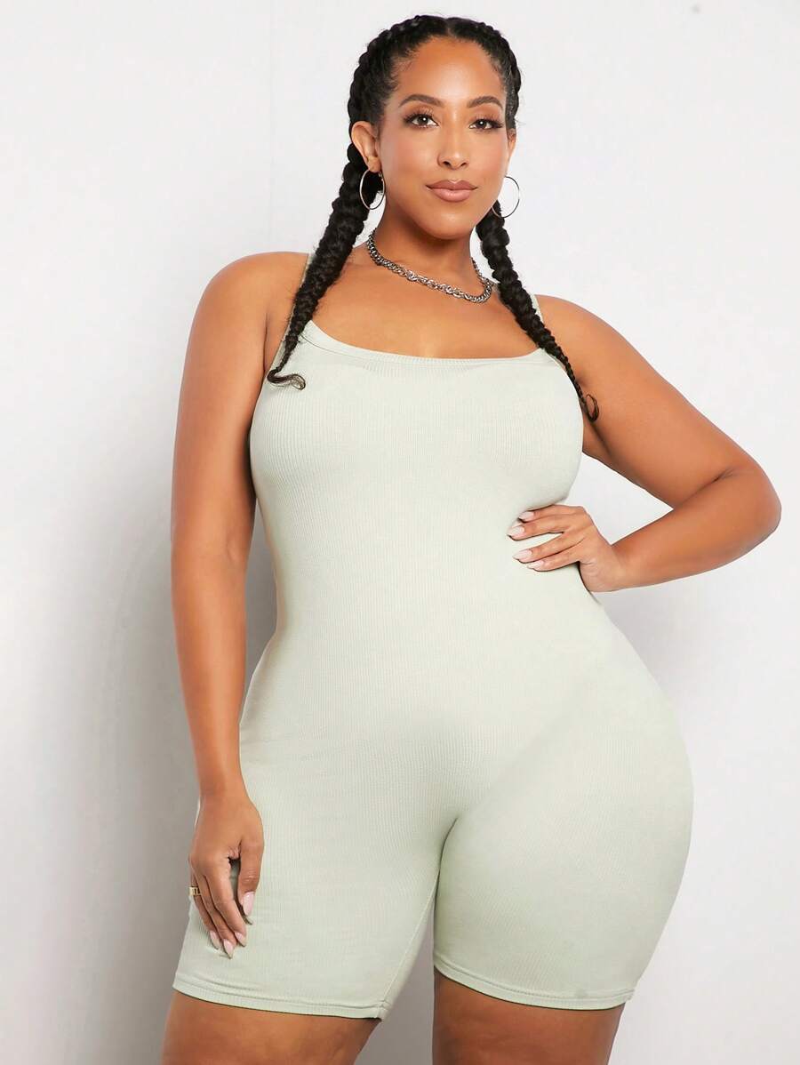 SHEIN CURVE+ 大碼素色彈力緊身連體短褲 - 薄荷綠 - 查看 1