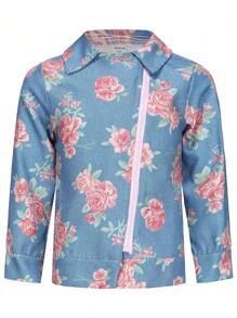 SHEIN Young Girl Floral Print Zip Up Jacket - Blue - View 1