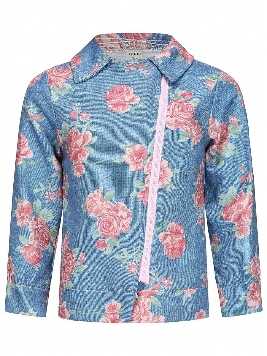 SHEIN Young Girl Floral Print Zip Up Jacket - Blue - View 1