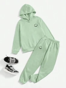 SHEIN Tween Boy Cartoon Face Print Hoodie & Sweatpants - Green - View 1